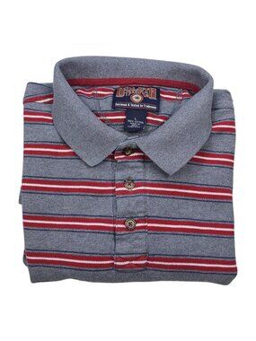 Duluth Trading Co. Mens L Gray Polo Shirt With Red & White Stripes Short Sleeves